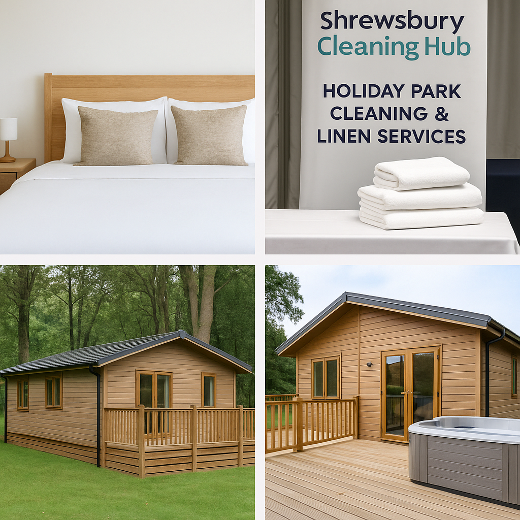Clean holiday lodge exterior and professionally laundered linen set by Shrewsbury Cleaning Hub in Shropshire